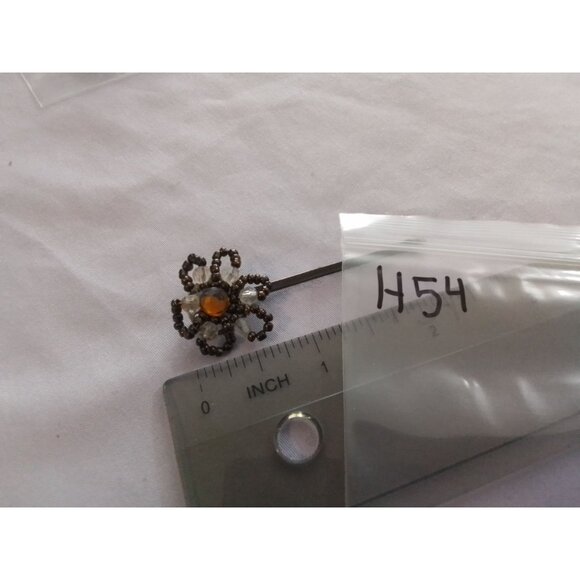 Vintage Beaded Flower Hair Bobby Pin With Crystal Rhinestone & Amber Accents - Picture 3 of 3